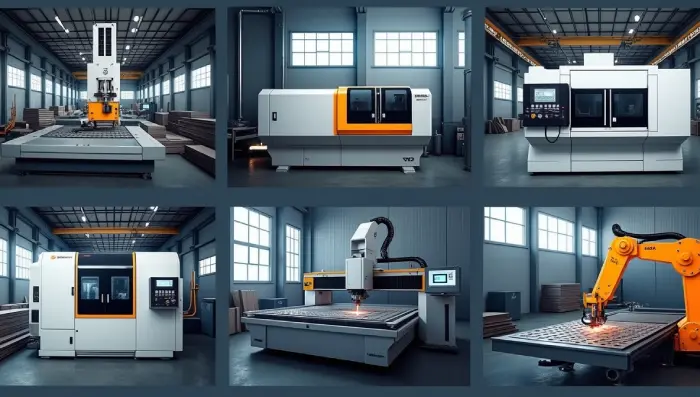 تصویر کارگاه صنعتی مدرن با دستگاه‌های برش لیزری، CNC و پرس، قطعه فلزی دقیق و ربات‌های صنعتی در پس‌زمینه.