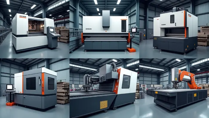 صویر کارگاه صنعتی مدرن با دستگاه‌های برش لیزری، CNC و پرس، قطعه فلزی دقیق و ربات‌های صنعتی در پس‌زمینه.