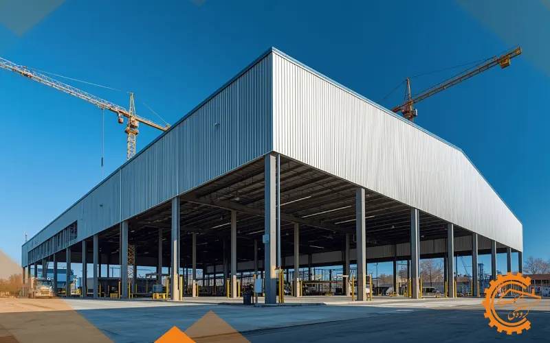 سقف ورق شیروانی ذوزنقهای نصبشده بر روی سوله صنعتی بزرگ با نمای باز از محوطه کارخانه و تجهیزات عمرانی.